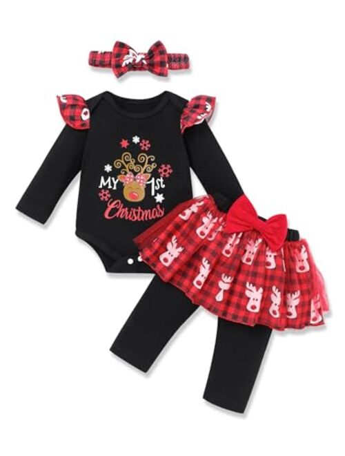 Crazyme My 1st Christmas Baby Girl Outfit Long Sleeve Romper Tulle Skirt Pants with Headband Christmas Baby Outfit