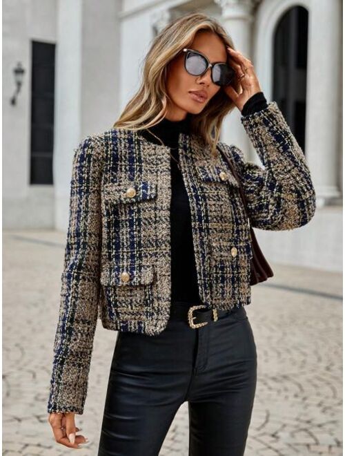 SHEIN Clasi Plaid Pattern Flap Pocket Open Front Tweed Overcoat