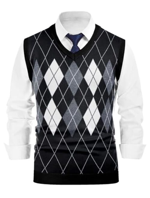 Belovecol Men's Sweater Vest Casual V-Neck Argyle Sweater Vests Sleeveless Pullover Knitwear