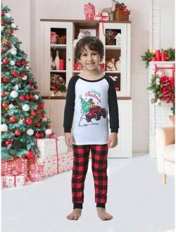 MyFav General 2pcs/set Boys' Christmas Tree Plaid Pajama Set With Long Sleeve Top And Long Pants, Holiday Family Matching Sleepwear