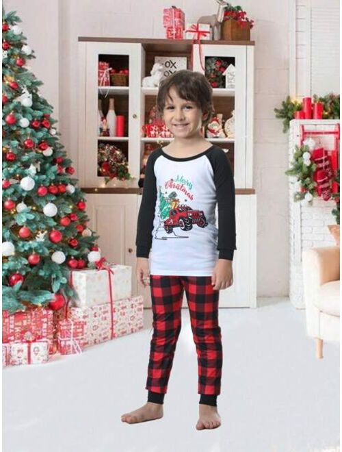MyFav General 2pcs/set Boys' Christmas Tree Plaid Pajama Set With Long Sleeve Top And Long Pants, Holiday Family Matching Sleepwear