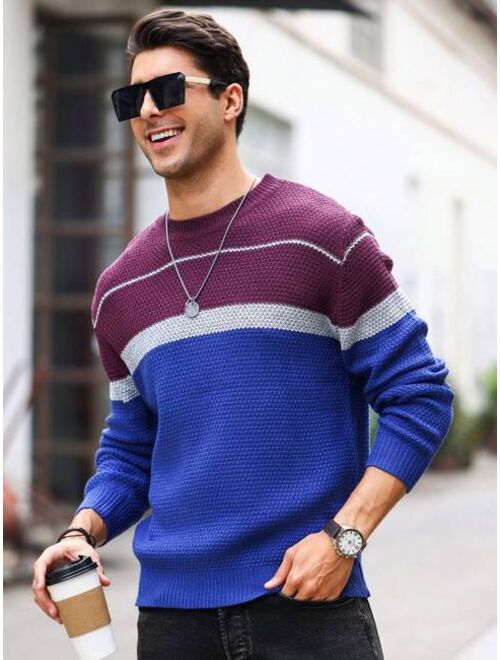Shein Men'S Contrast Color Round Neck Casual Long Sleeve Sweater