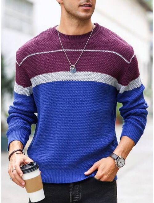 Shein Men'S Contrast Color Round Neck Casual Long Sleeve Sweater
