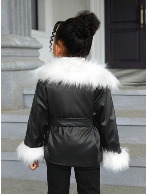 SHEIN Kids FANZEY Young Girl Fuzzy Trim Plush Lined PU Leather Coat