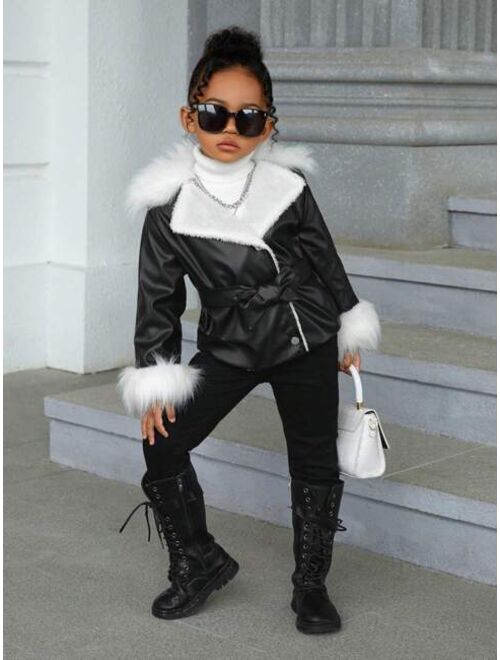 SHEIN Kids FANZEY Young Girl Fuzzy Trim Plush Lined PU Leather Coat