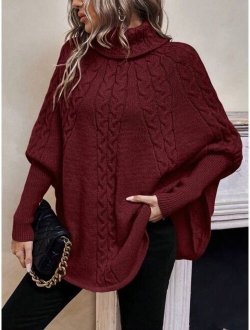 LUNE Turtleneck Batwing Sleeve Cable Knit Poncho