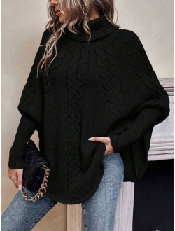 LUNE Turtleneck Batwing Sleeve Cable Knit Poncho
