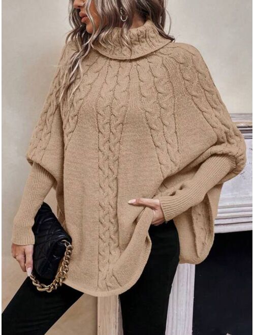 SHEIN LUNE Turtleneck Batwing Sleeve Cable Knit Poncho
