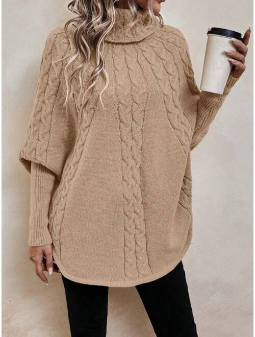 SHEIN LUNE Turtleneck Batwing Sleeve Cable Knit Poncho