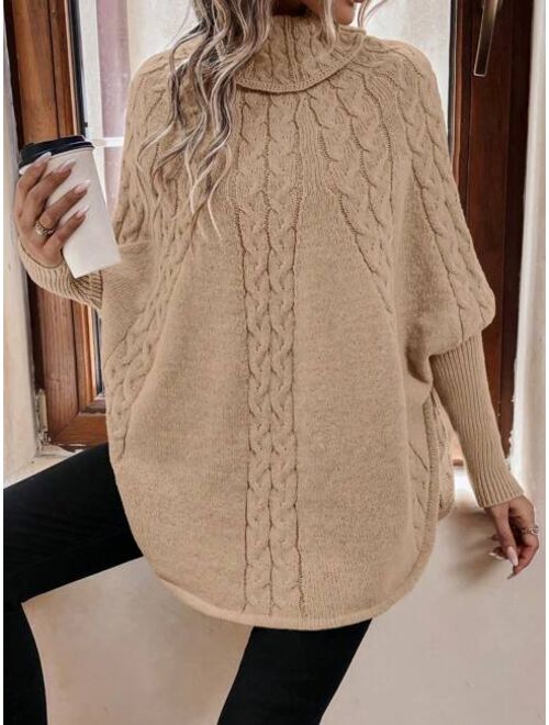 SHEIN LUNE Turtleneck Batwing Sleeve Cable Knit Poncho