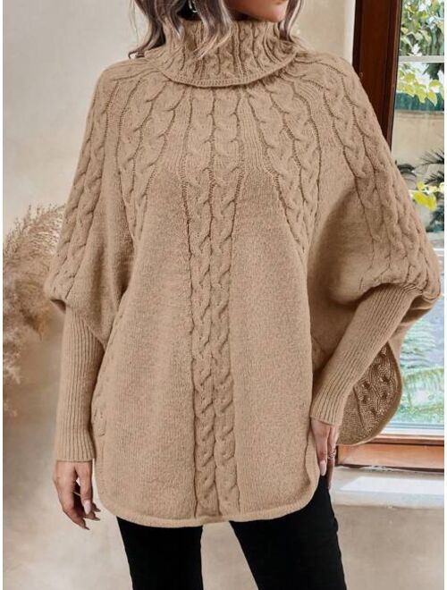 SHEIN LUNE Turtleneck Batwing Sleeve Cable Knit Poncho