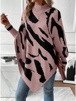 Essnce Graphic Pattern Batwing Sleeve Mock Neck Asymmetrical Hem Knit Poncho
