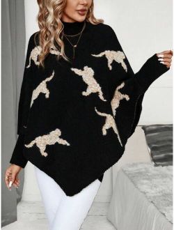Clasi Animal Print High Neck Asymmetrical Hem Cape Sweater