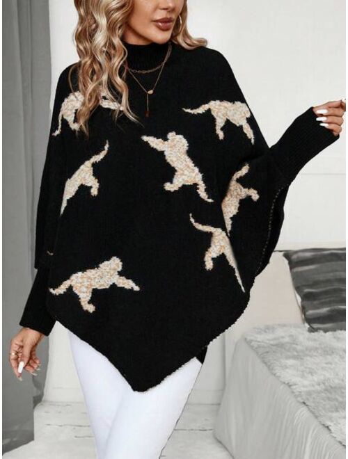 SHEIN Clasi Animal Print High Neck Asymmetrical Hem Cape Sweater