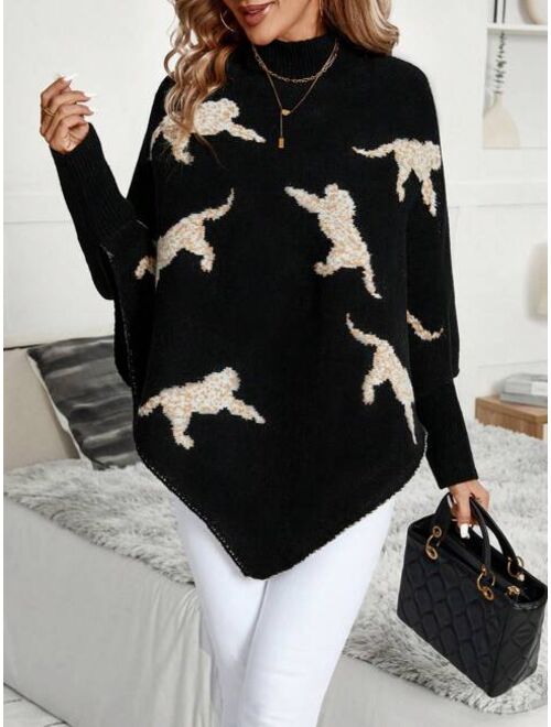 SHEIN Clasi Animal Print High Neck Asymmetrical Hem Cape Sweater