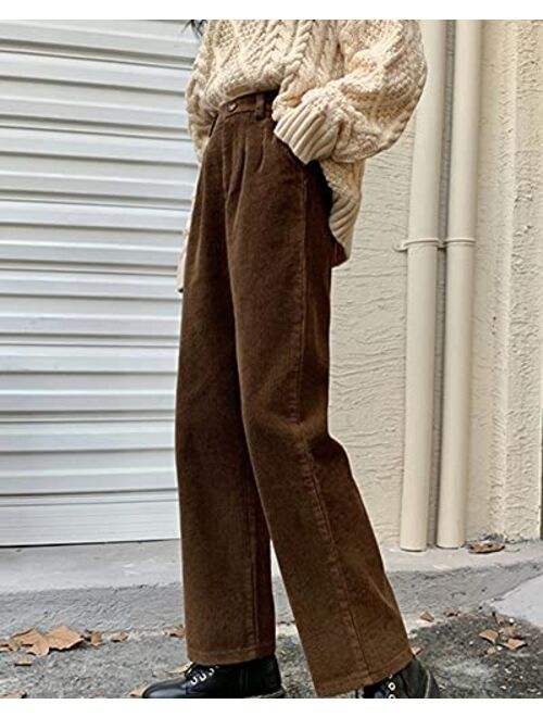 Cyparel Women's Vintage High Waisted Straight Leg Corduroy Pants Trouser
