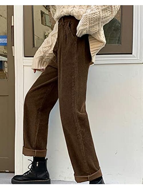 Cyparel Women's Vintage High Waisted Straight Leg Corduroy Pants Trouser