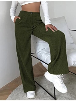 Himosyber Corduroy Pants for Women Wide Leg High Waist Loose Comfy Trousers with Pockets