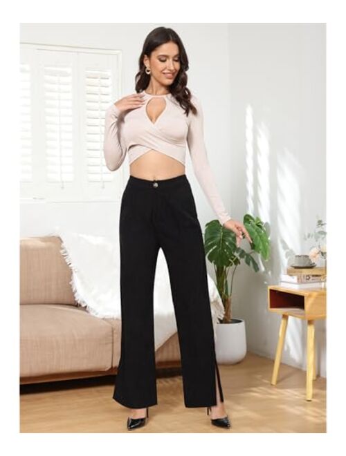 CXXQ Women Corduroy Wide Leg Pants Casual Elastic Waist Retro Trouser with Pockets