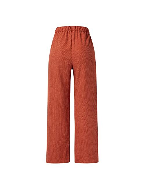 Generic Womens Trousers 2023 Casual High Waist Cord Solid Wide Leg Straight Pants Plus Size Long Corduroy Pants with Pockets