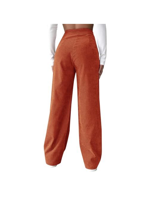 Generic Womens Trousers 2023 Casual High Waist Cord Solid Wide Leg Straight Pants Plus Size Long Corduroy Pants with Pockets