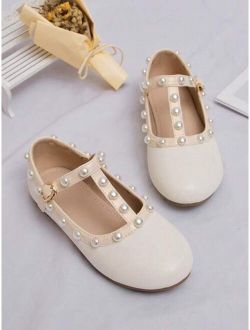 Girls Faux Pearl Decor T-strap Fashionable Mary Jane Flats For Outdoor