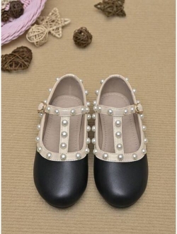 Girls Faux Pearl Decor T-strap Fashionable Mary Jane Flats For Outdoor