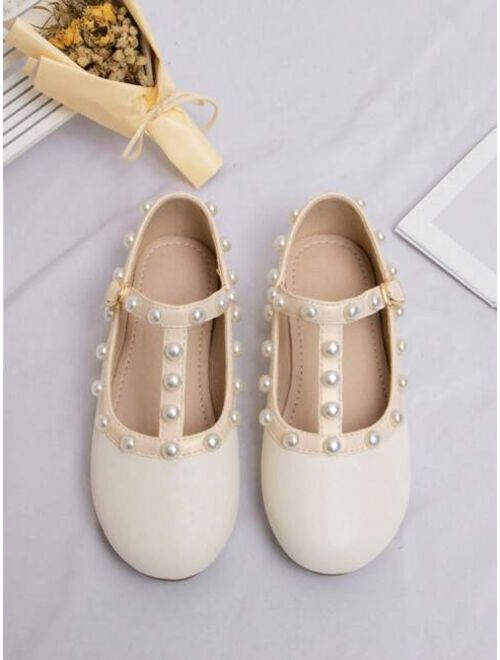 Shein Girls Faux Pearl Decor T-strap Fashionable Mary Jane Flats For Outdoor