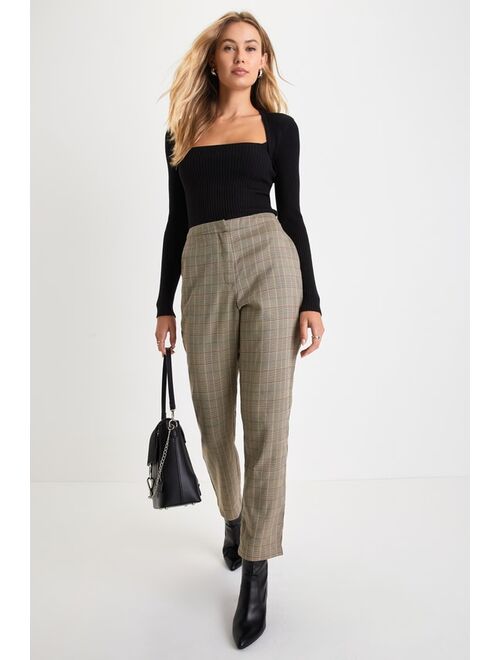 Lulus Excellent Poise Grey Multi Plaid High Rise Tapered Trousers
