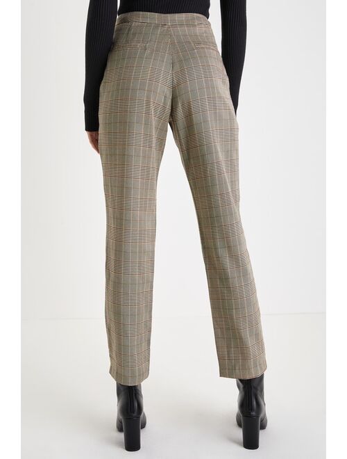 Lulus Excellent Poise Grey Multi Plaid High Rise Tapered Trousers