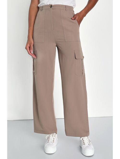 Lulus Stepped-Up Style Taupe Wide-Leg Utility Pants