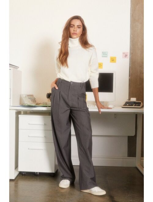 Lulus Powerfully Posh Grey and White Pinstriped Wide Leg Pants
