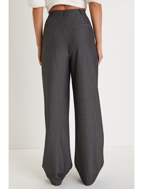 Lulus Powerfully Posh Grey and White Pinstriped Wide Leg Pants