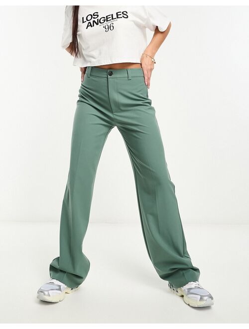 Pull&Bear high waisted tailored straight leg pants in dark green