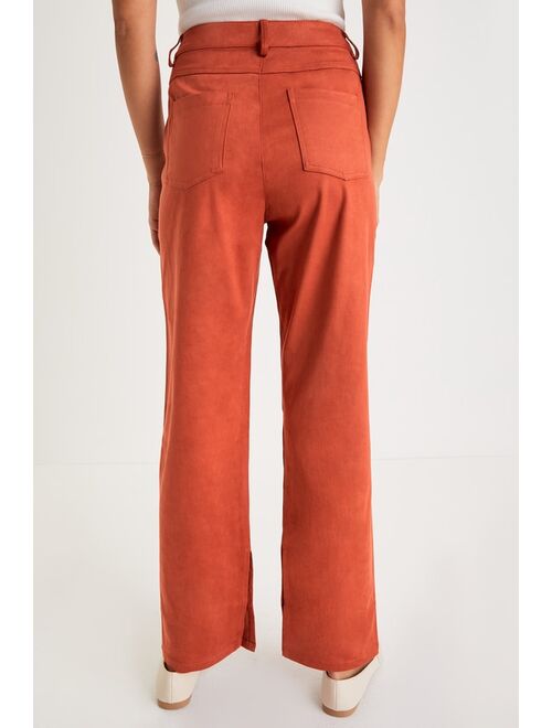 Lulus Style for Miles Rust Suede High-Waisted Straight Leg Pants