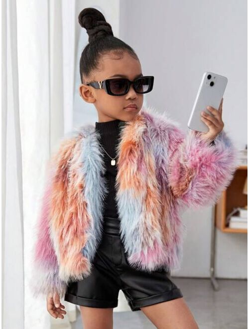 SHEIN Kids Cooltwn Young Girl 1pc Color Block Open Front Fuzzy Coat