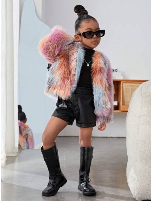SHEIN Kids Cooltwn Young Girl 1pc Color Block Open Front Fuzzy Coat