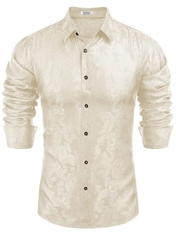 Men's Floral Printed Dress Shirt Long Sleeve Paisley Button Down Shirts for Wedding Party Prom