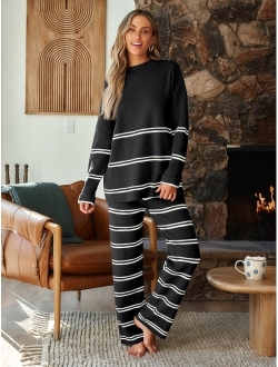 LILLUSORY 2 Piece Outfits for Women 2023 Oversized Fall Lounge Sets Striped Sweaters Cozy Knit Long Sleeve Pullover