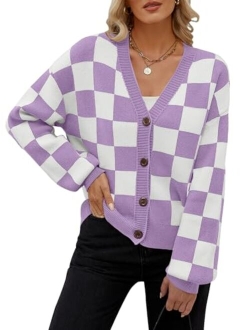 Women's Cropped Cardigan Sweater Plaid Long Sleeve Button V Neck Open Front Knit Outerwear
