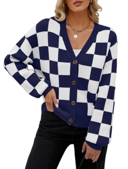 Women's Cropped Cardigan Sweater Plaid Long Sleeve Button V Neck Open Front Knit Outerwear