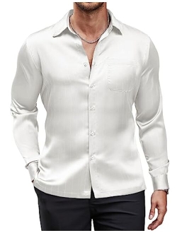 Men's Luxury Satin Dress Shirt Shiny Silk Long Sleeve Button Up Shirts Wedding Shirt Party Prom
