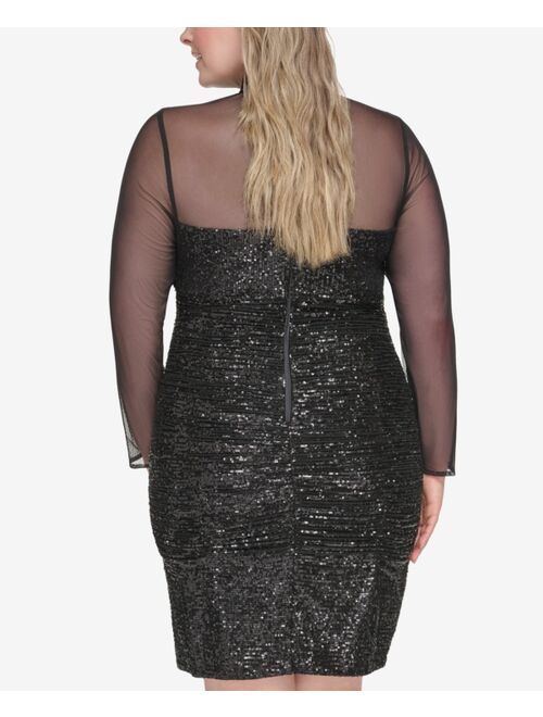 ELIZA J Plus Size Illusion-Sleeve Sequin Cocktail Dress