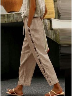 Women s Straight Linen Mid Waist Casual Streetwear Vacation Lace Pocket Solid Color Long Pants