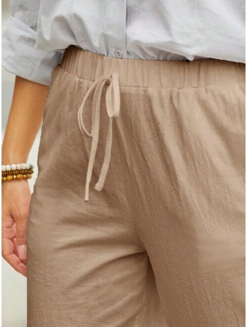 Women s Straight Linen Mid Waist Casual Streetwear Vacation Lace Pocket Solid Color Long Pants