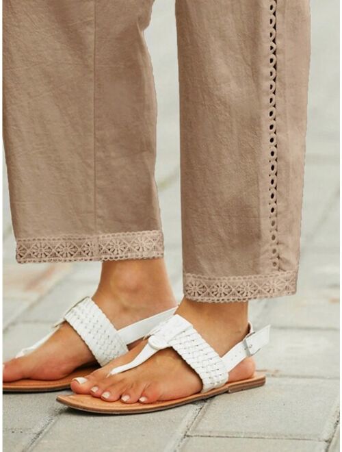 Women s Straight Linen Mid Waist Casual Streetwear Vacation Lace Pocket Solid Color Long Pants