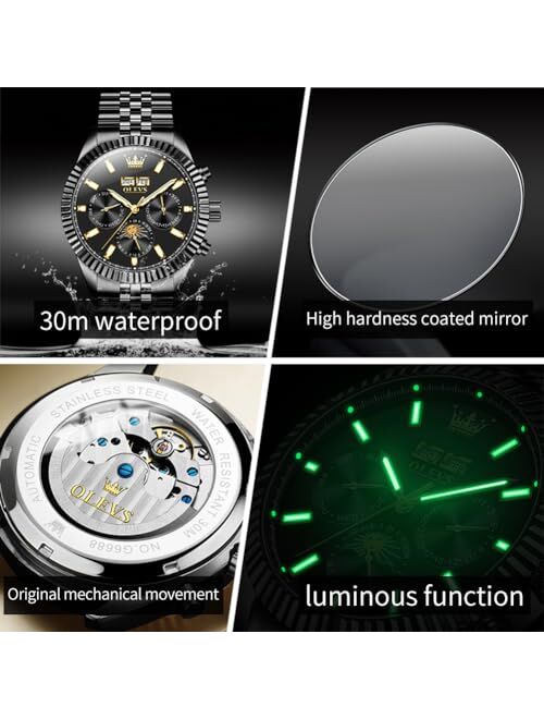 OUPINKE Men Automatic Watch Mechanical Self Winding Classic Luxury Big Face Dress Moon Phase Stainless Steel Wrist Watches Waterproof Luminous