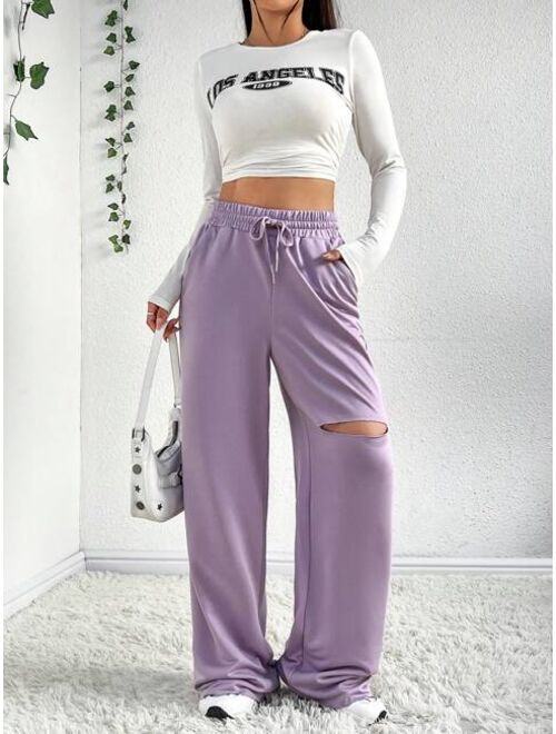 SHEIN EZwear Women s Solid Color Drawstring Waist Ripped Jogger Pants