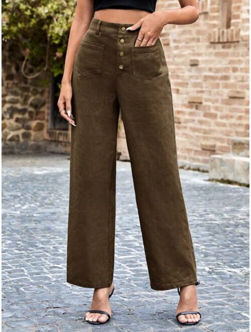 SHEIN Frenchy Women S Button Front Pants With Double Pockets