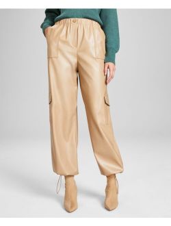Women's High Rise Faux Leather Cargo Pants, Created for Macy's